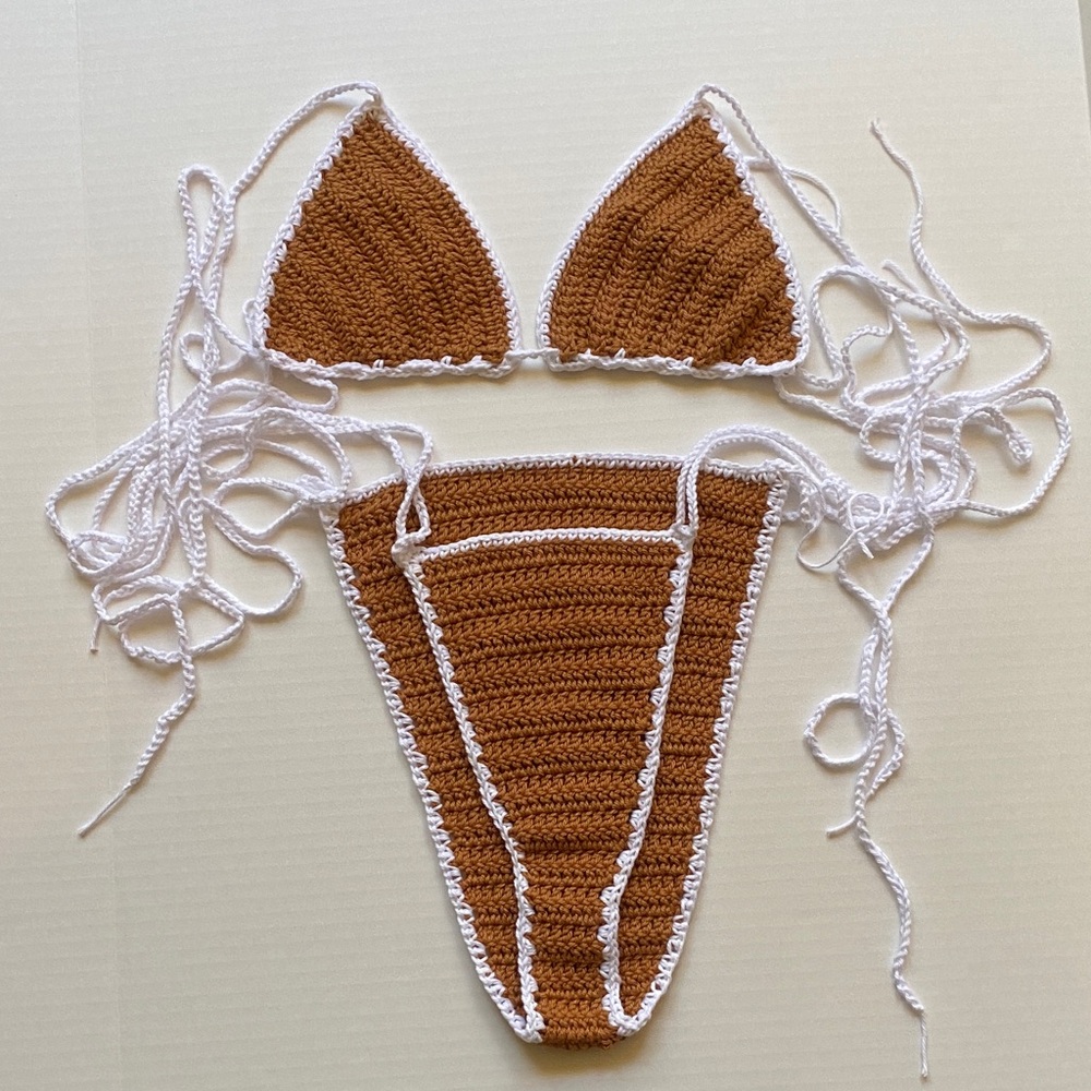 Handmade Crochet Bikini Set in Brown with White Trim